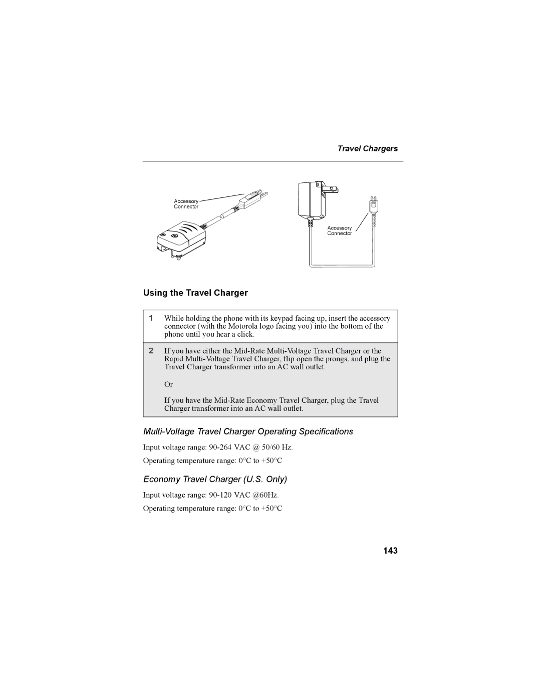 Motorola i55sr Phone manual Using the Travel Charger, Multi-Voltage Travel Charger Operating Specifications, 143 