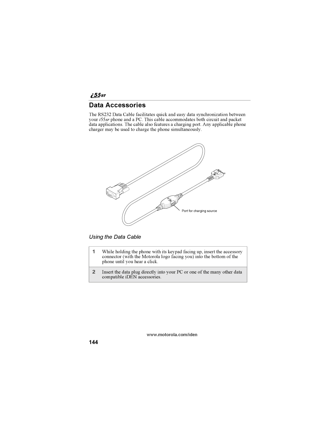 Motorola i55sr Phone manual Data Accessories, Using the Data Cable, 144 