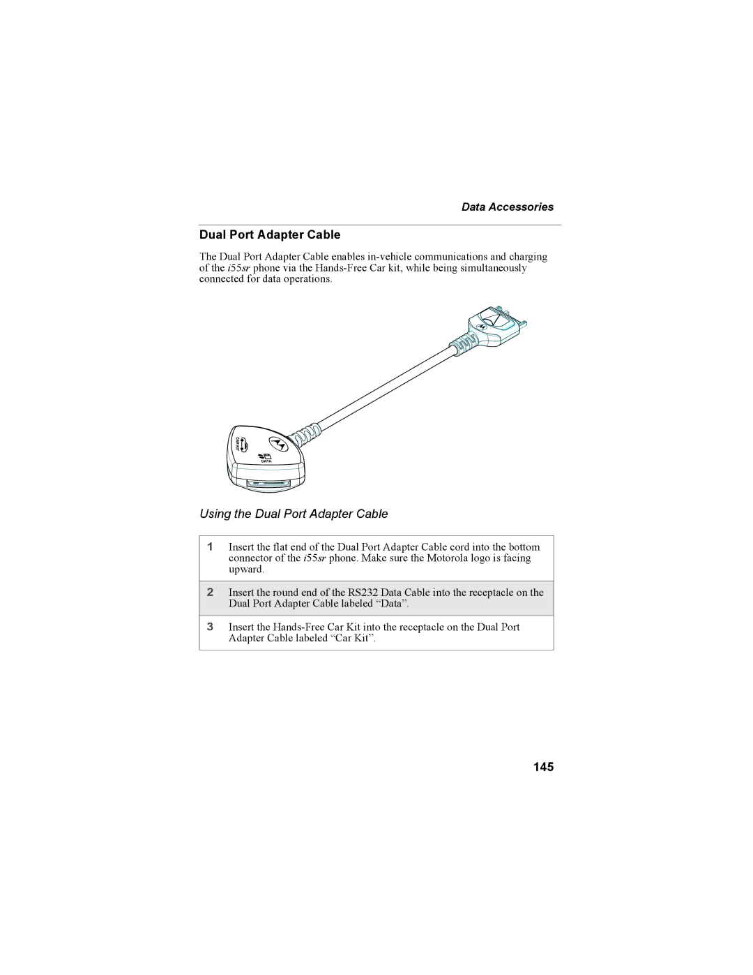 Motorola i55sr Phone manual Using the Dual Port Adapter Cable, 145 