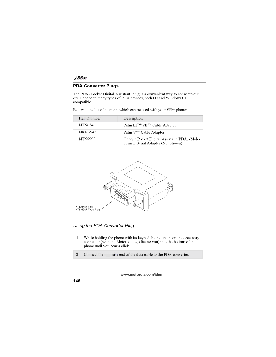 Motorola i55sr Phone manual PDA Converter Plugs, Using the PDA Converter Plug, 146 