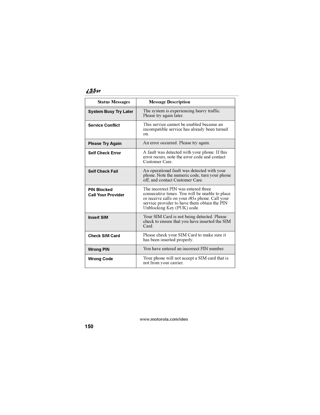 Motorola i55sr Phone manual 150 