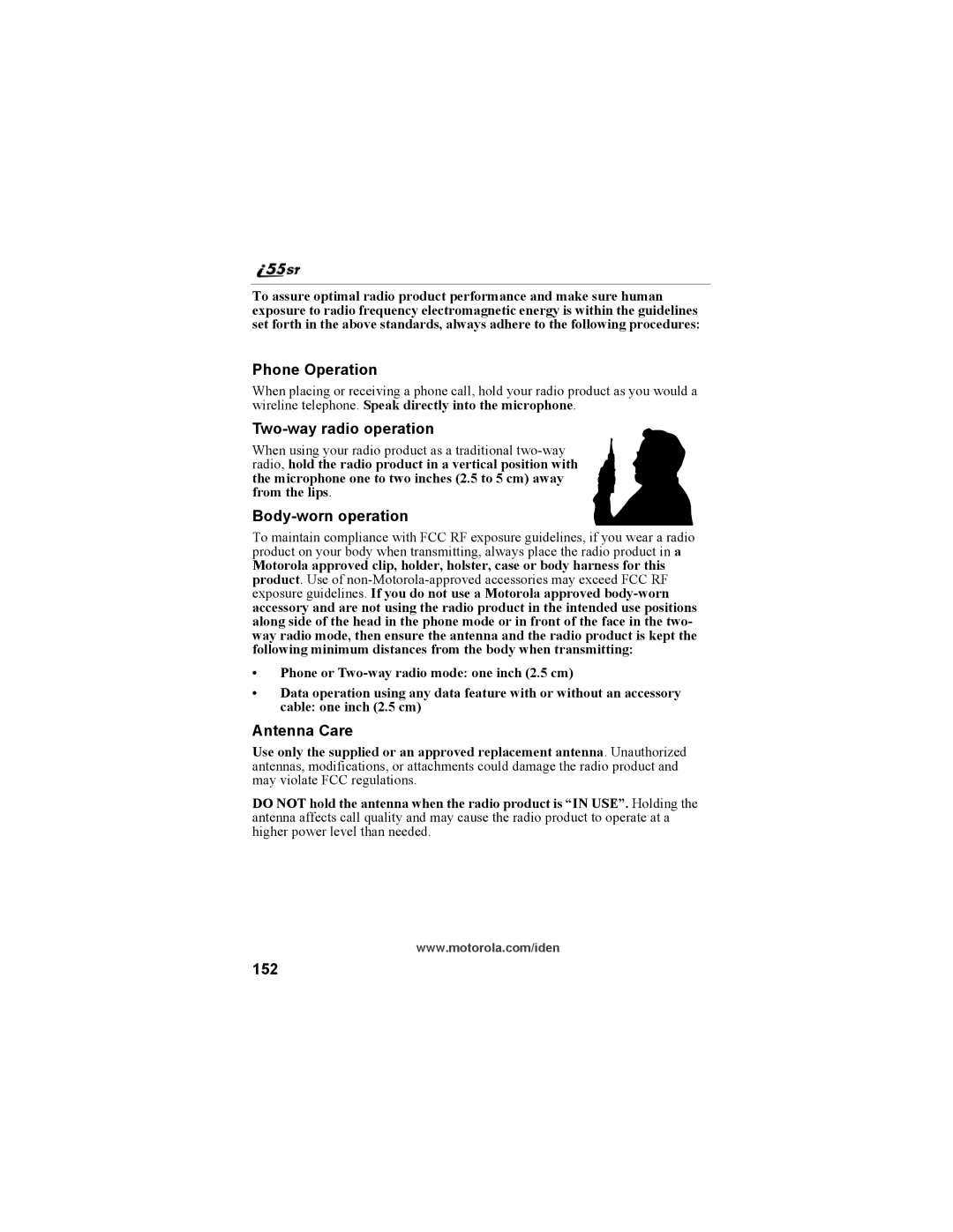 Motorola i55sr Phone manual Phone Operation, Two-way radio operation, Body-worn operation, Antenna Care, 152 