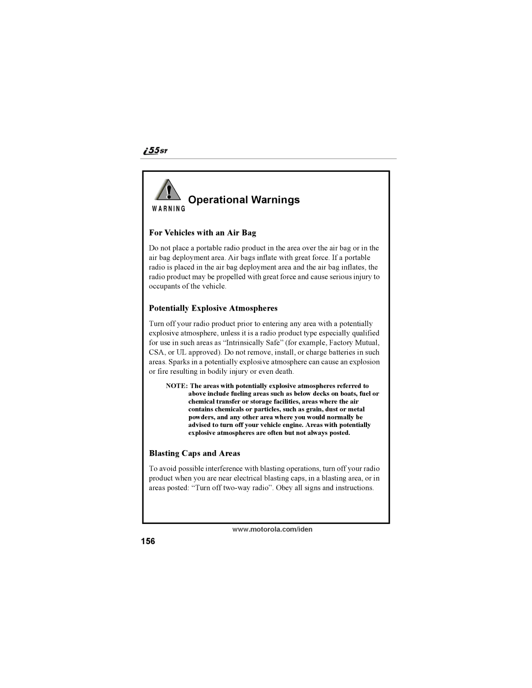 Motorola i55sr Phone manual Operational Warnings, 156 