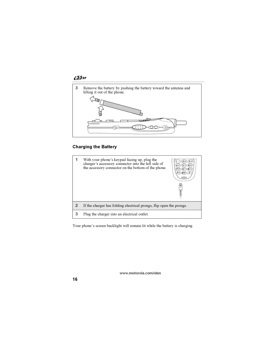 Motorola i55sr Phone manual Charging the Battery 