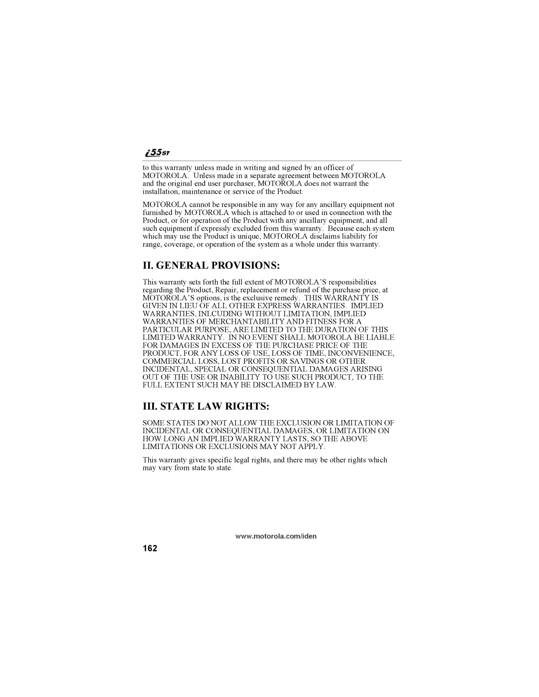 Motorola i55sr Phone manual II. General Provisions, 162 