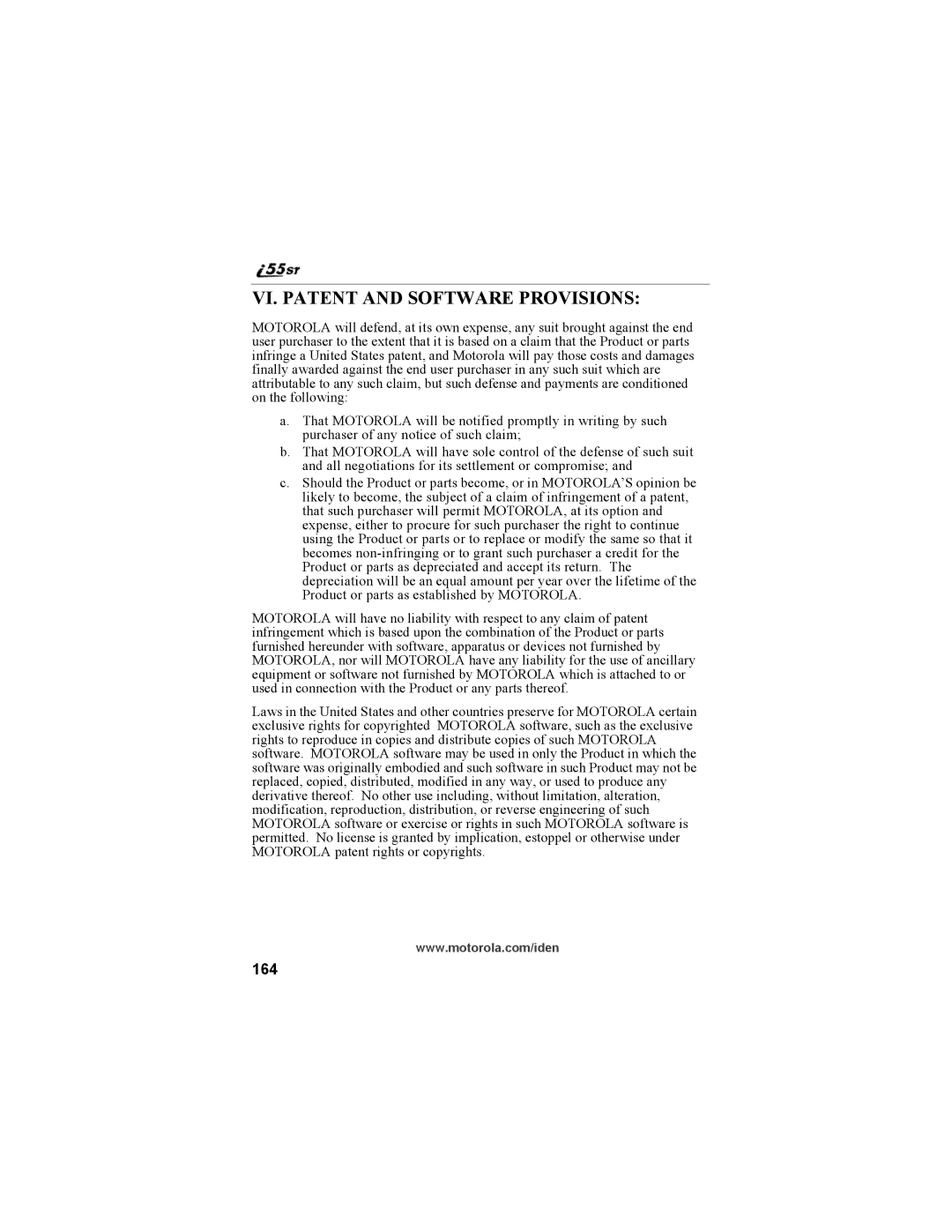 Motorola i55sr Phone manual VI. Patent and Software Provisions, 164 