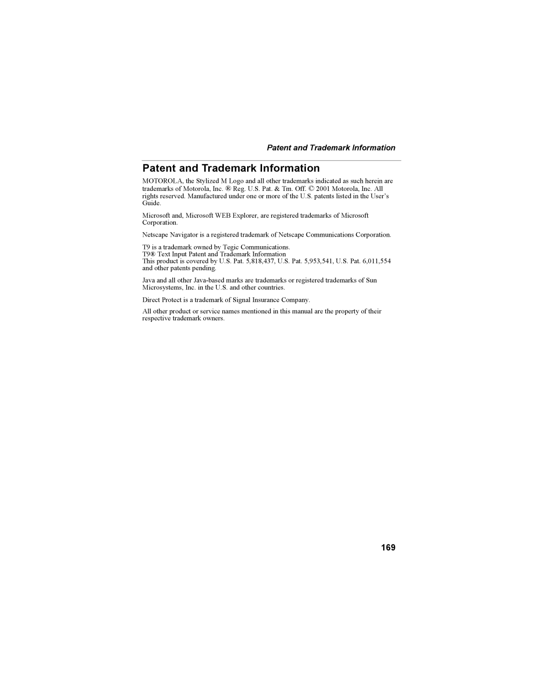 Motorola i55sr Phone manual Patent and Trademark Information, 169 