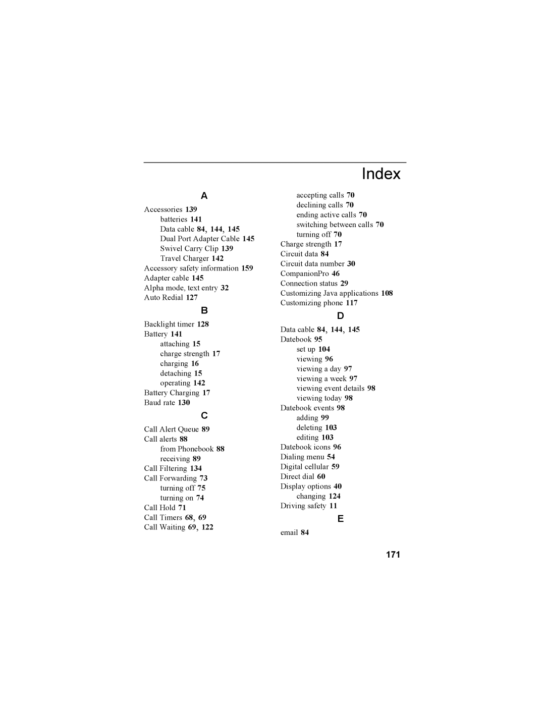 Motorola i55sr Phone manual Index, 171 