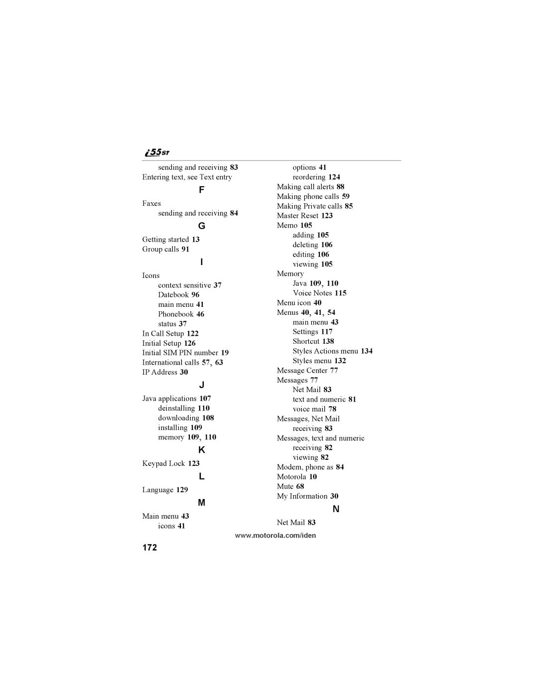 Motorola i55sr Phone manual 172, Java 109 