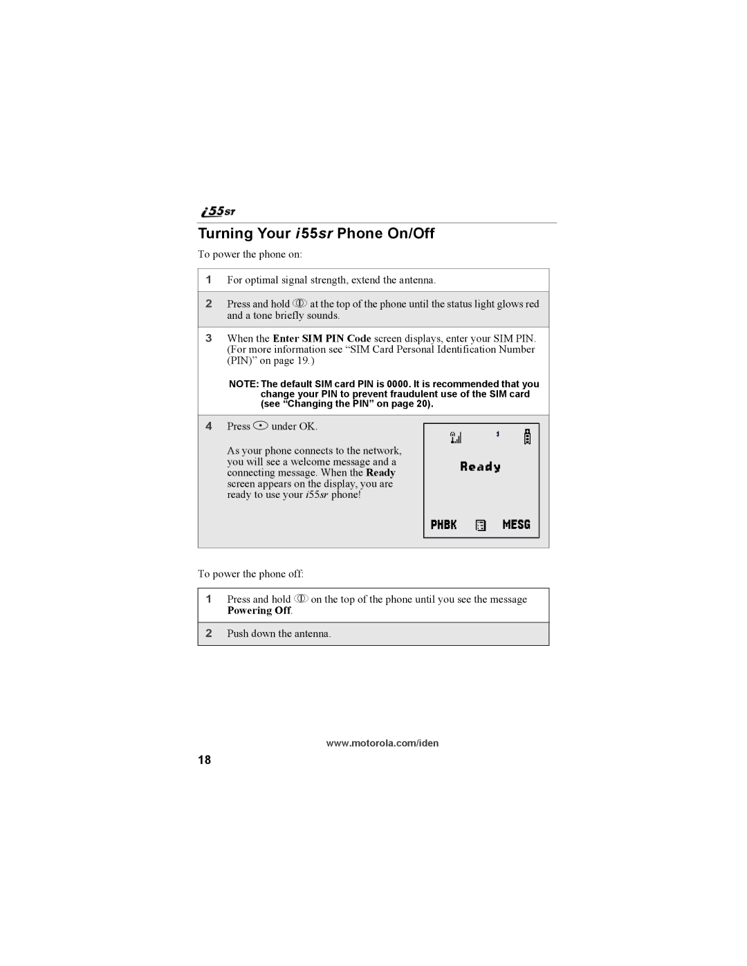 Motorola i55sr Phone manual Turning Your i 55sr Phone On/Off 