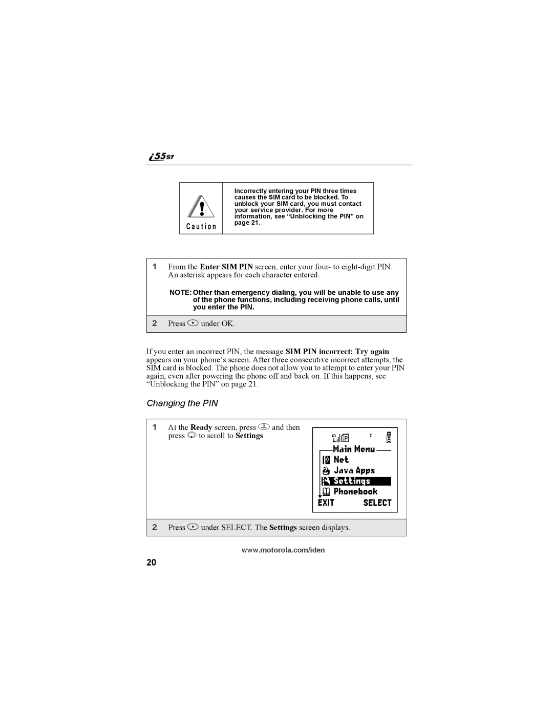 Motorola i55sr Phone manual Changing the PIN, U t i o n 