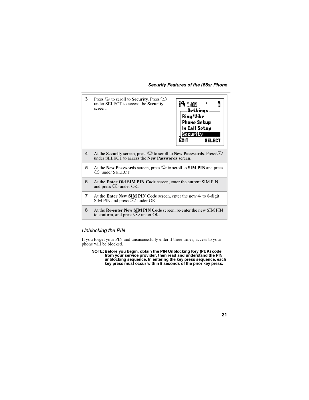 Motorola i55sr Phone manual Unblocking the PIN 