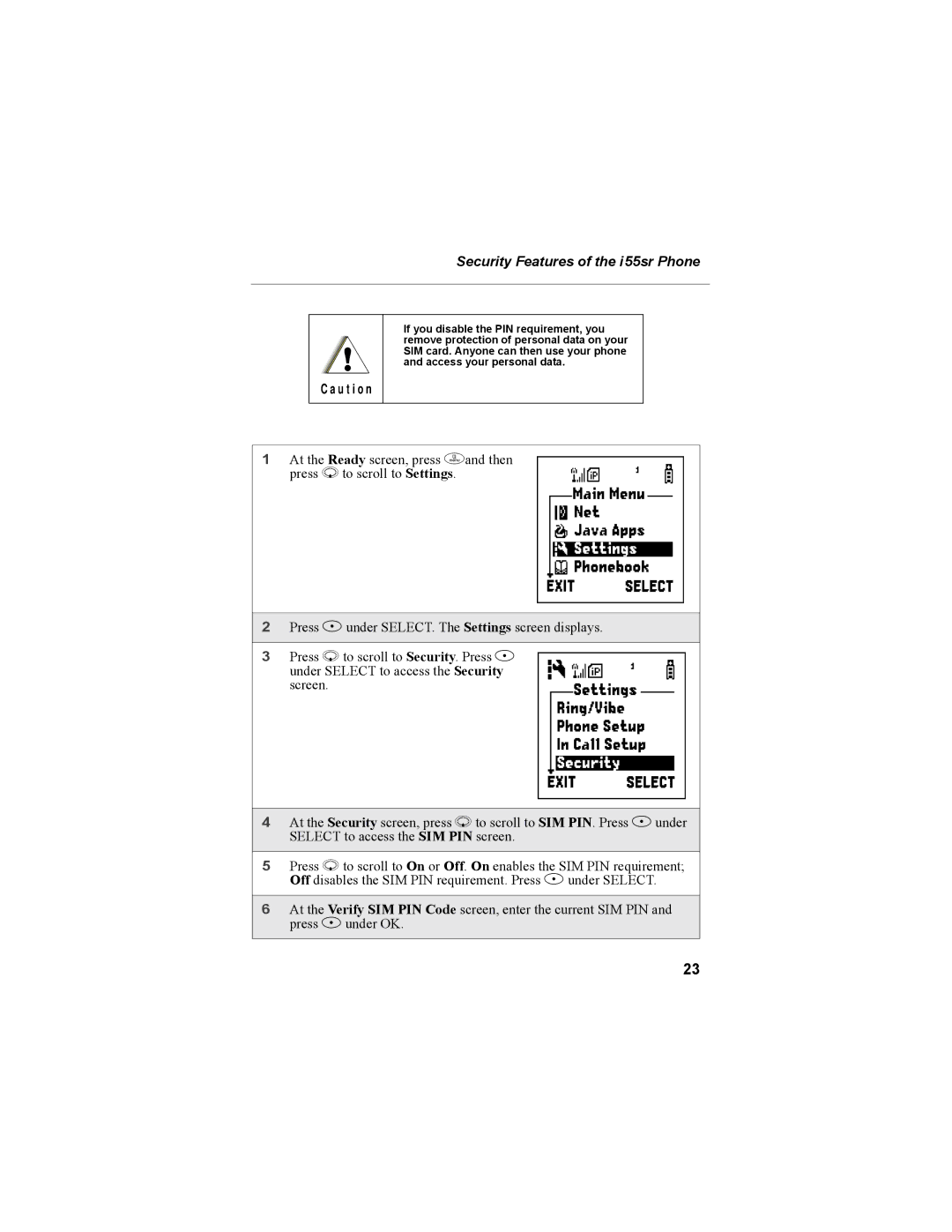 Motorola manual Security Features of the i55sr Phone 