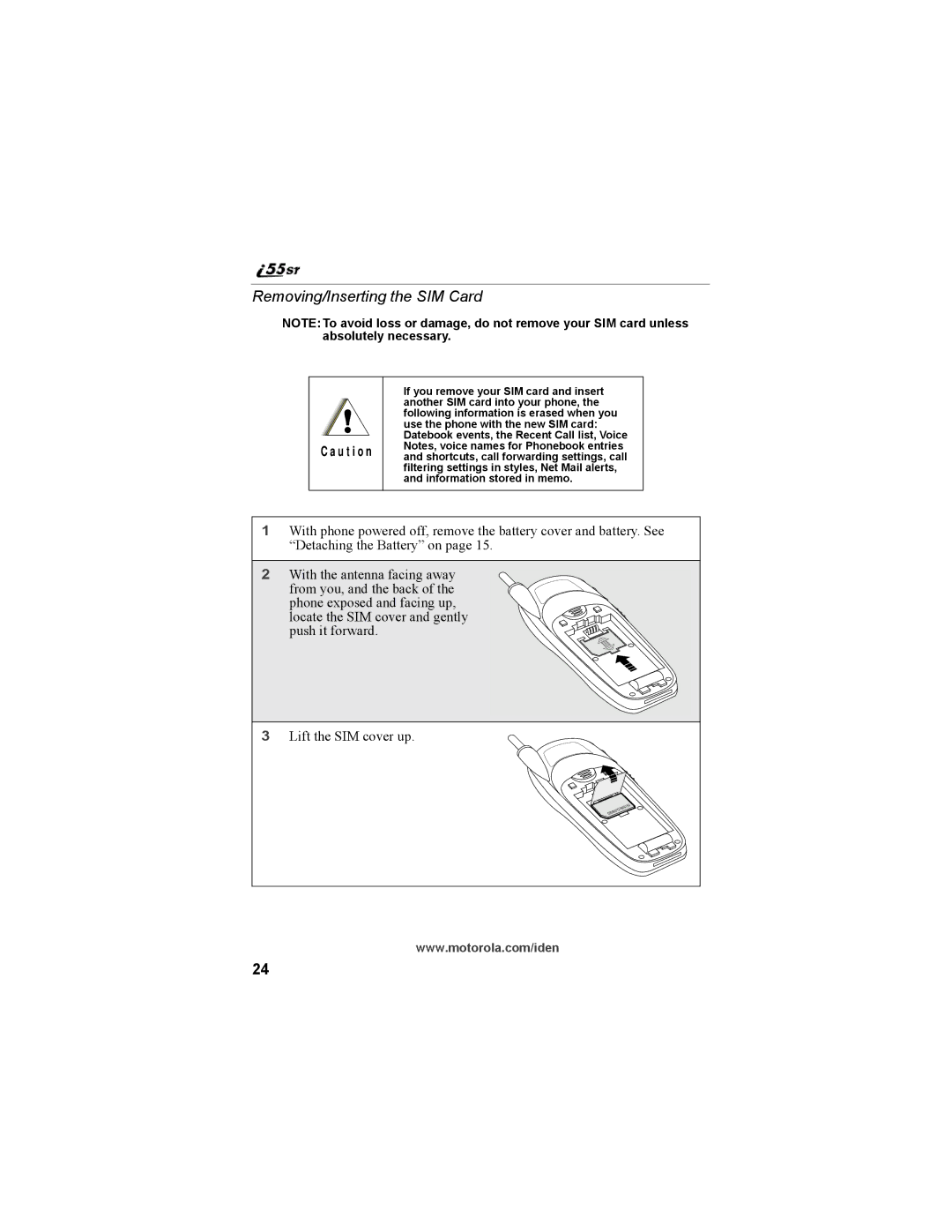 Motorola i55sr Phone manual Removing/Inserting the SIM Card 