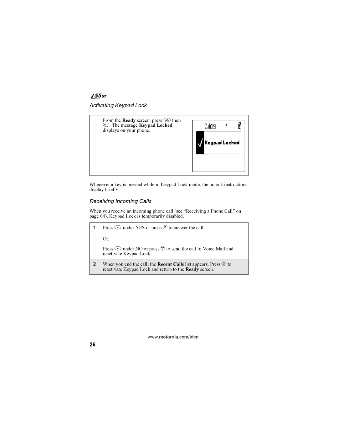 Motorola i55sr Phone manual Activating Keypad Lock, Receiving Incoming Calls 