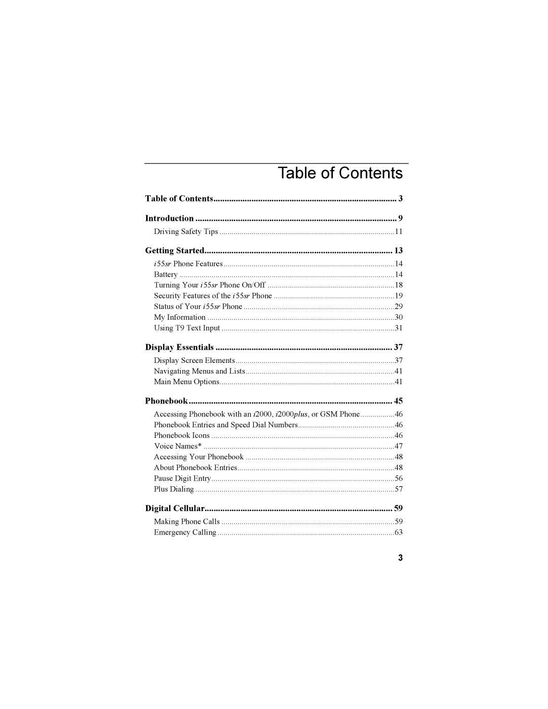 Motorola i55sr Phone manual Table of Contents 