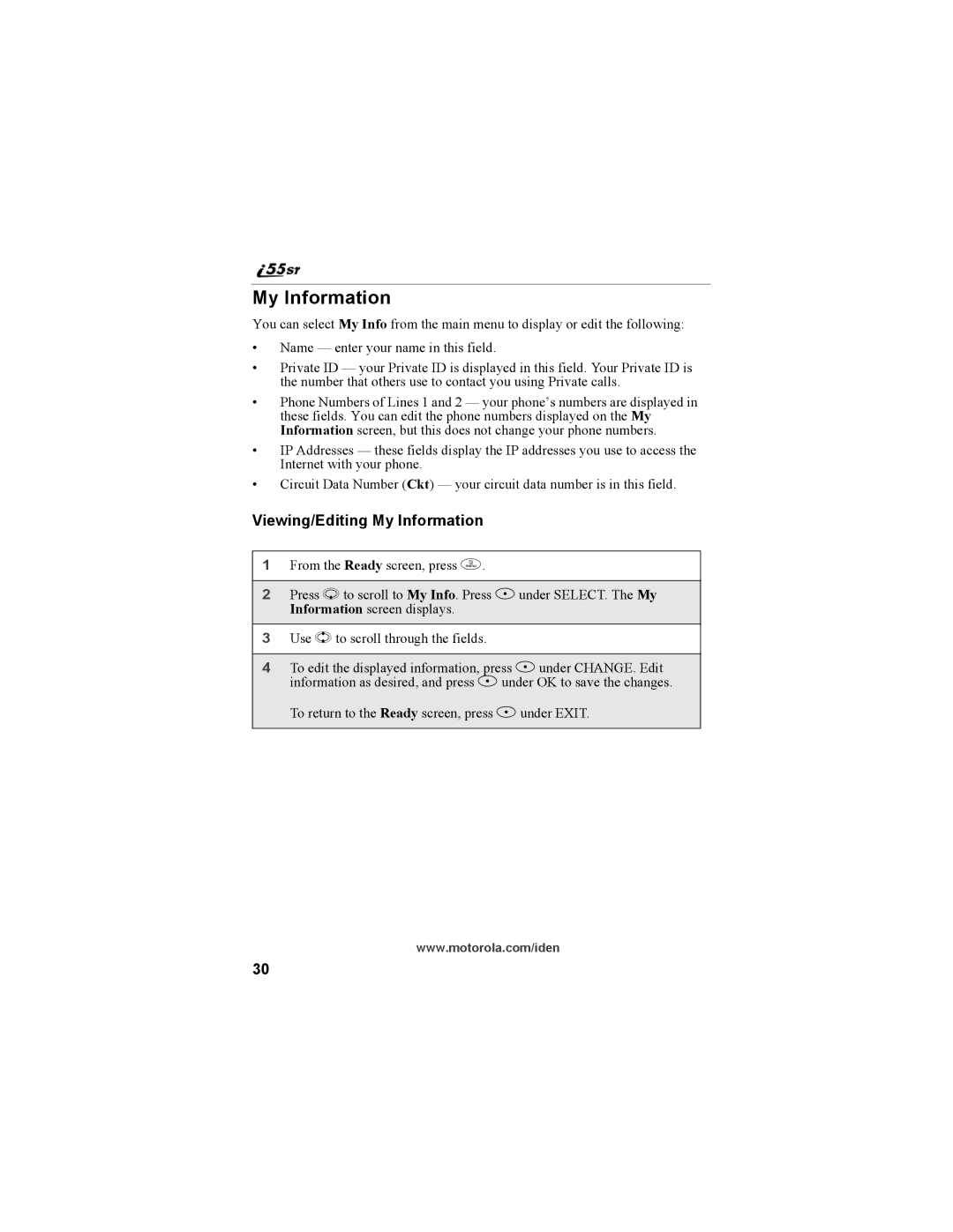 Motorola i55sr Phone manual Viewing/Editing My Information 