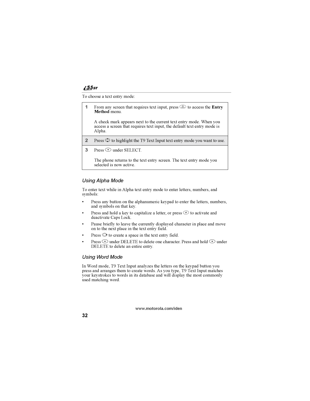 Motorola i55sr Phone manual Using Alpha Mode, Using Word Mode 