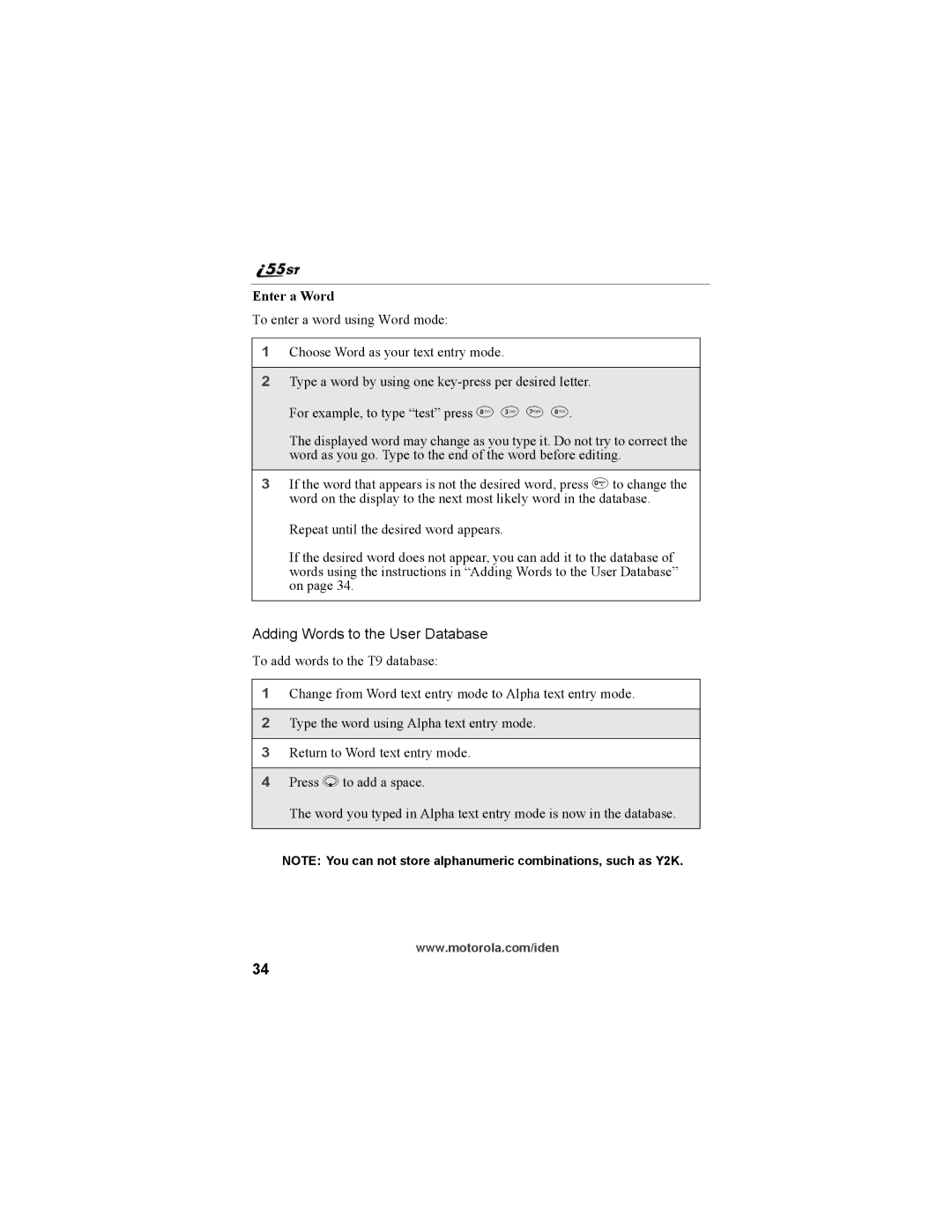 Motorola i55sr Phone manual Adding Words to the User Database, Enter a Word 