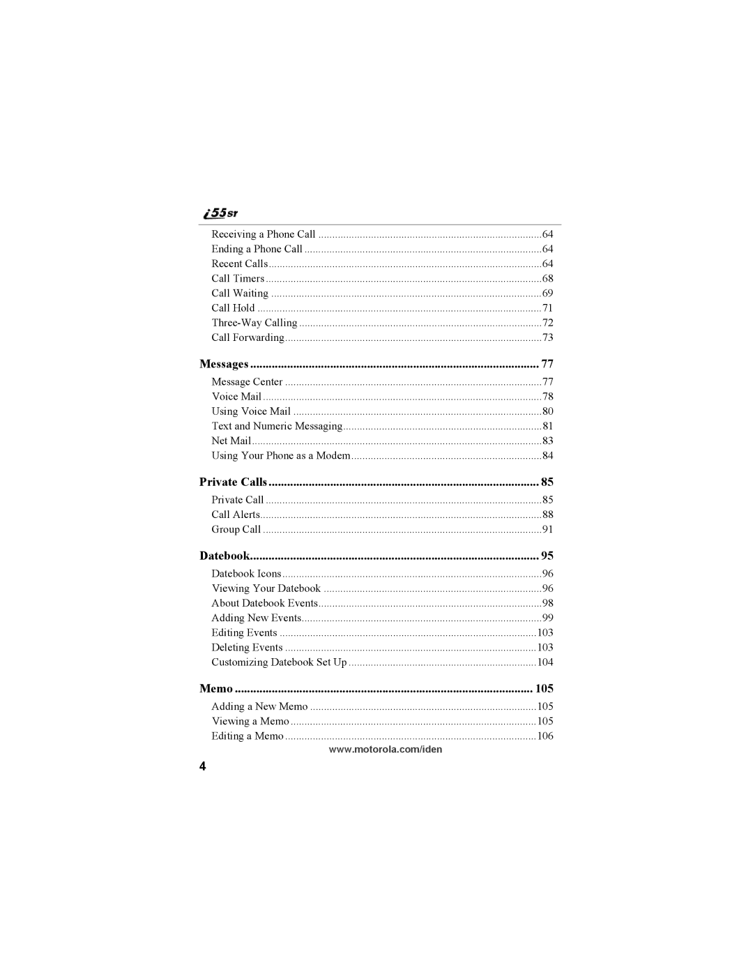 Motorola i55sr Phone manual Messages, 105 