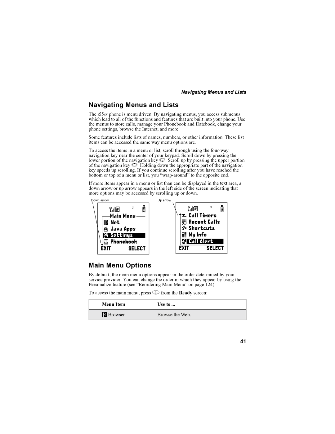 Motorola i55sr Phone manual Navigating Menus and Lists, Main Menu Options, Menu Item Use to Browser Browse the Web 