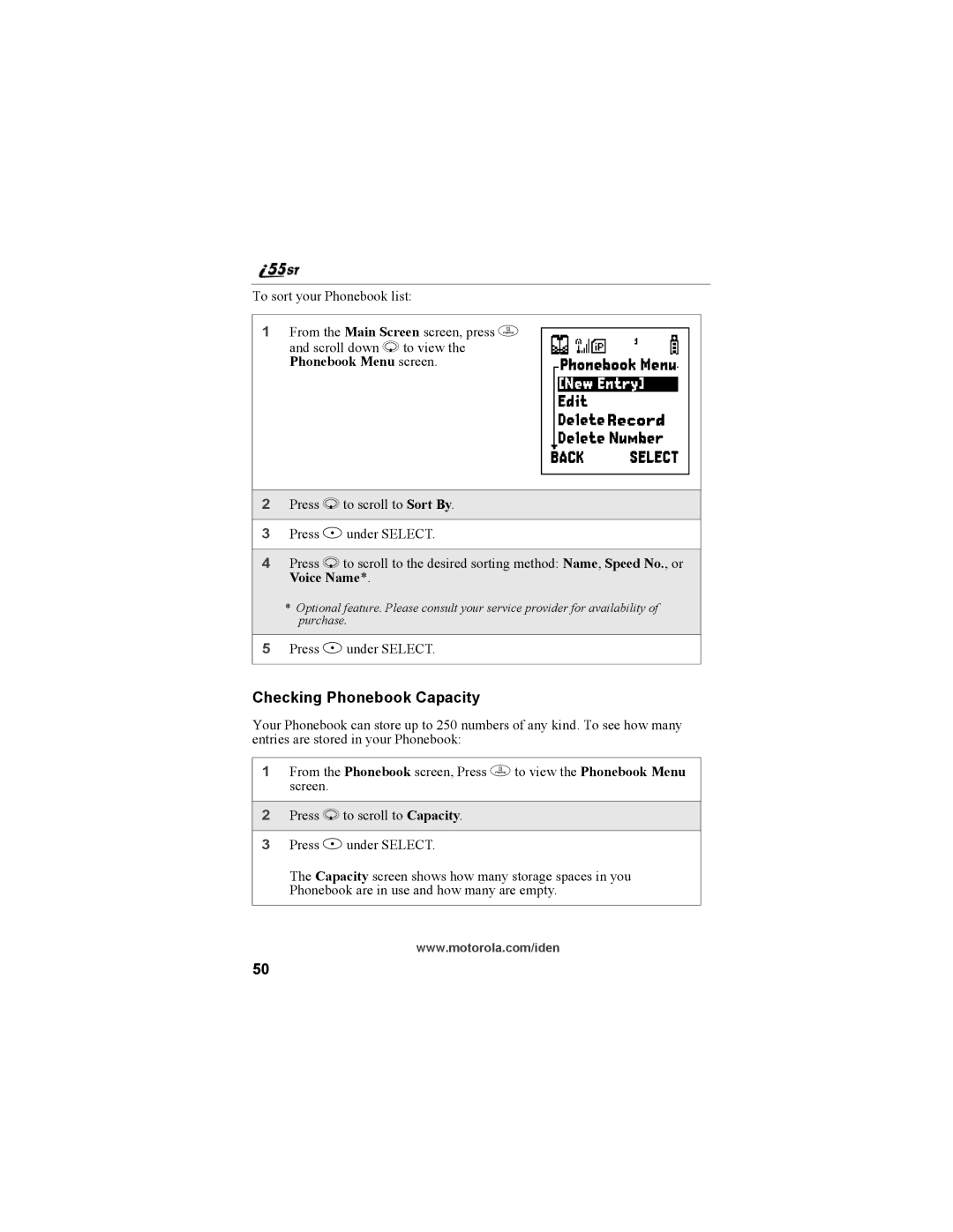 Motorola i55sr Phone manual Checking Phonebook Capacity, Phonebook Menu screen 