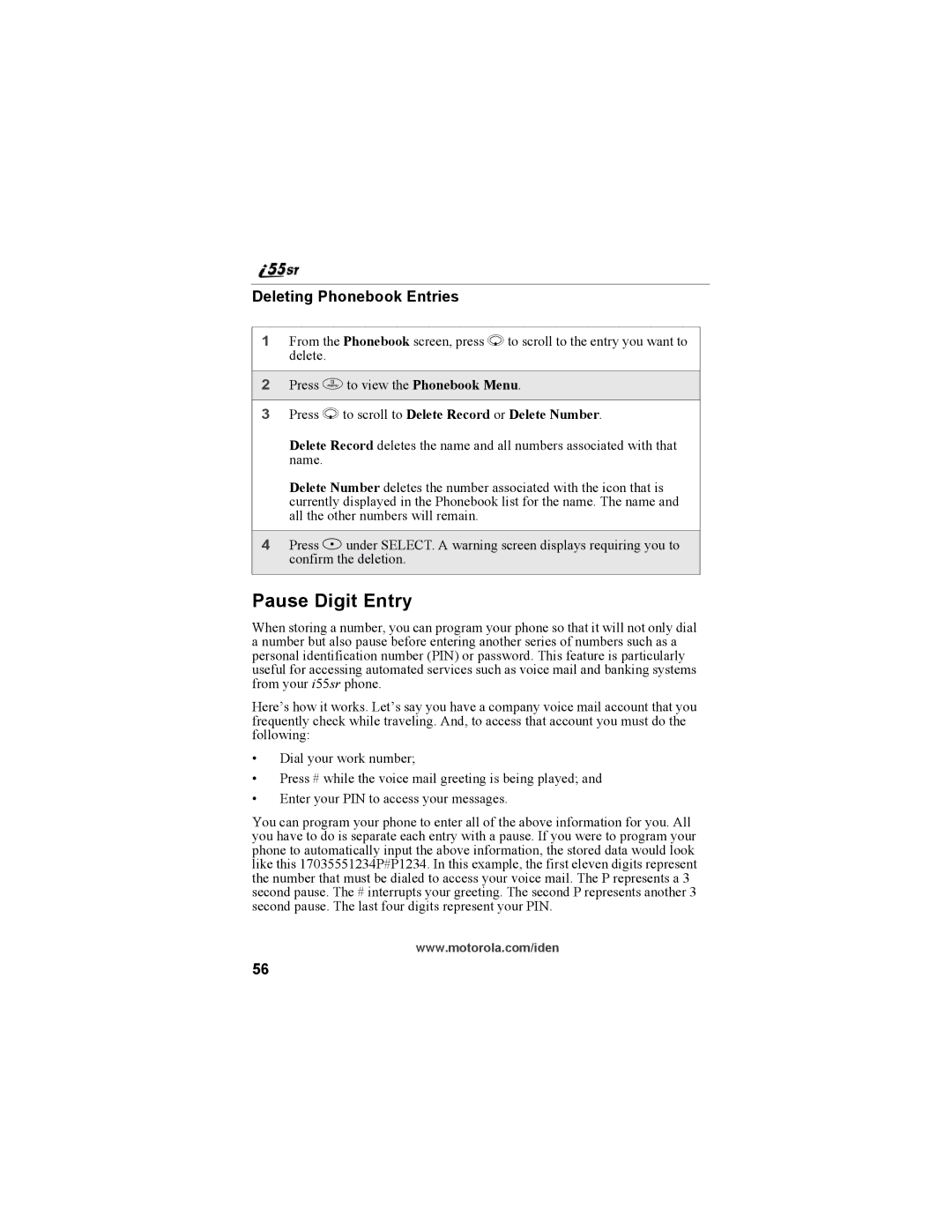 Motorola i55sr Phone Pause Digit Entry, Deleting Phonebook Entries, Press R to scroll to Delete Record or Delete Number 