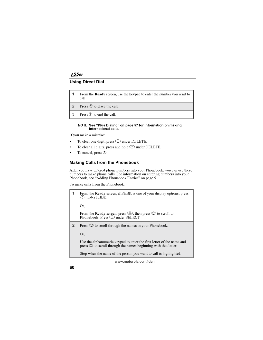 Motorola i55sr Phone manual Using Direct Dial, Making Calls from the Phonebook 