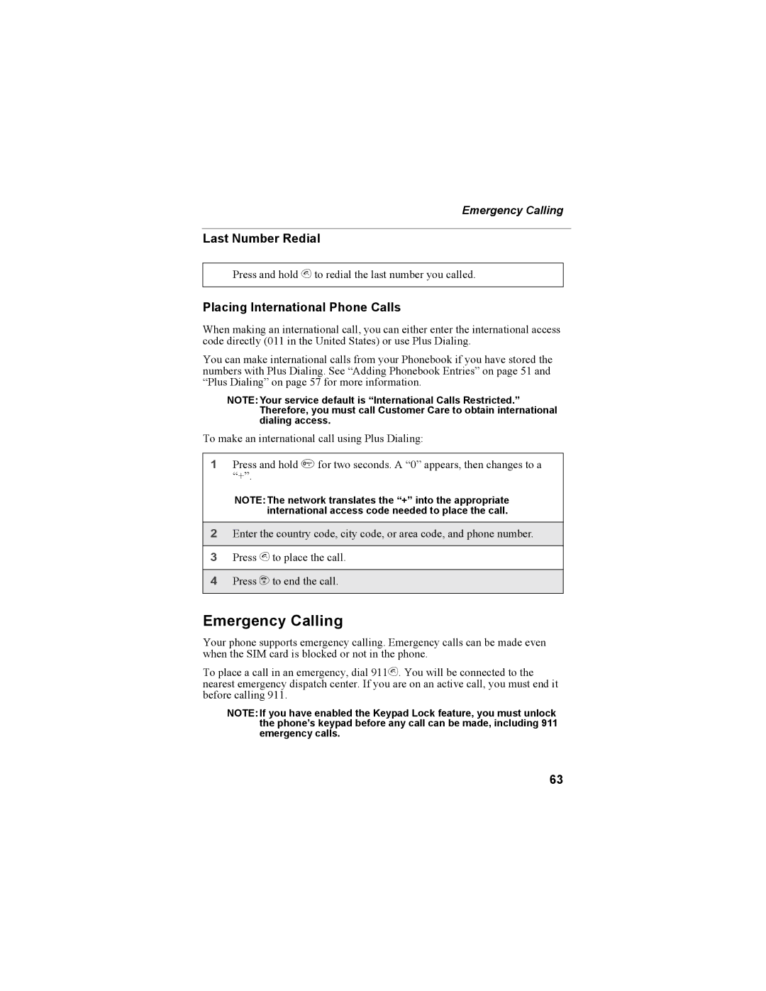 Motorola i55sr Phone manual Emergency Calling, Last Number Redial, Placing International Phone Calls 