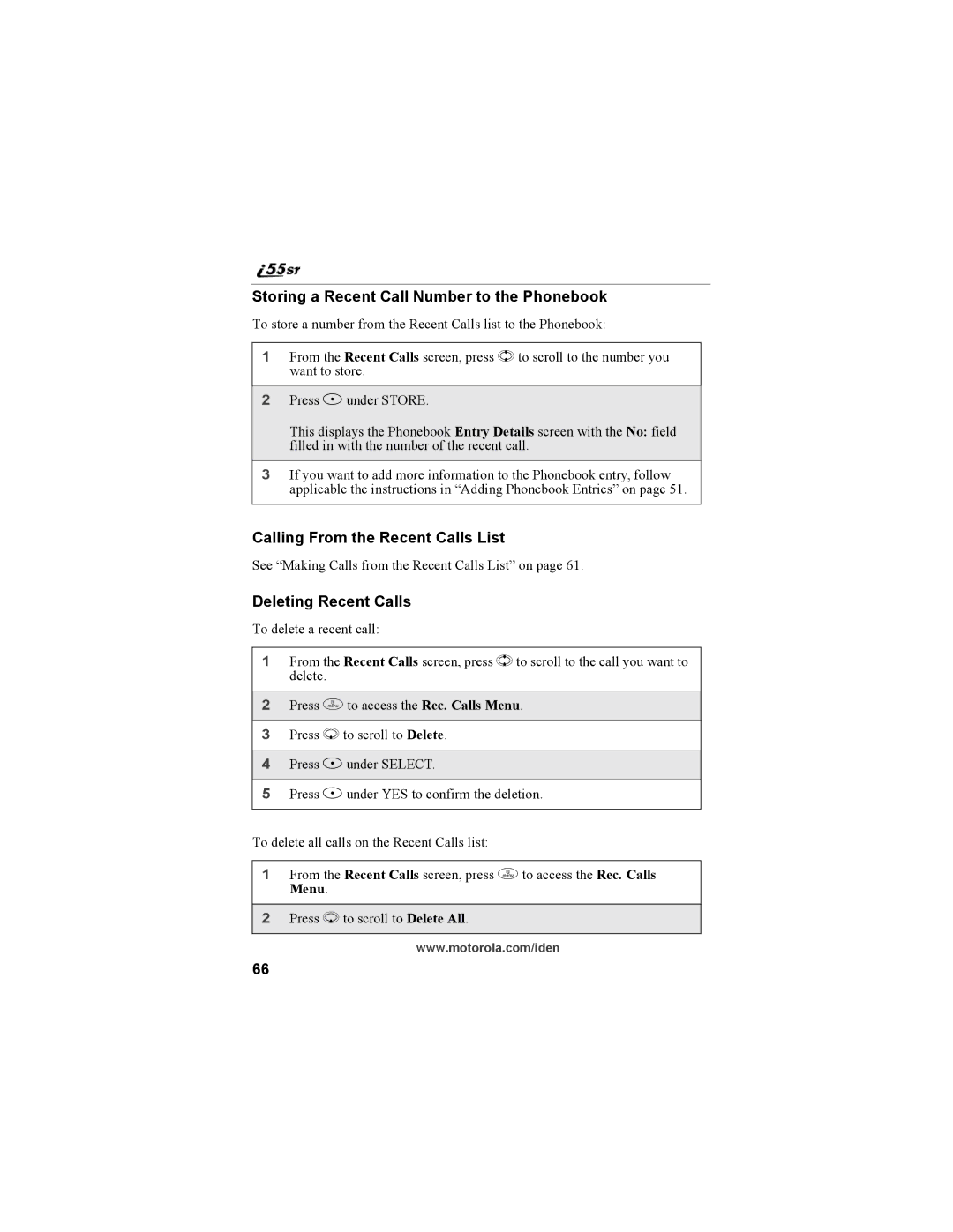 Motorola i55sr Phone manual Storing a Recent Call Number to the Phonebook, Calling From the Recent Calls List 