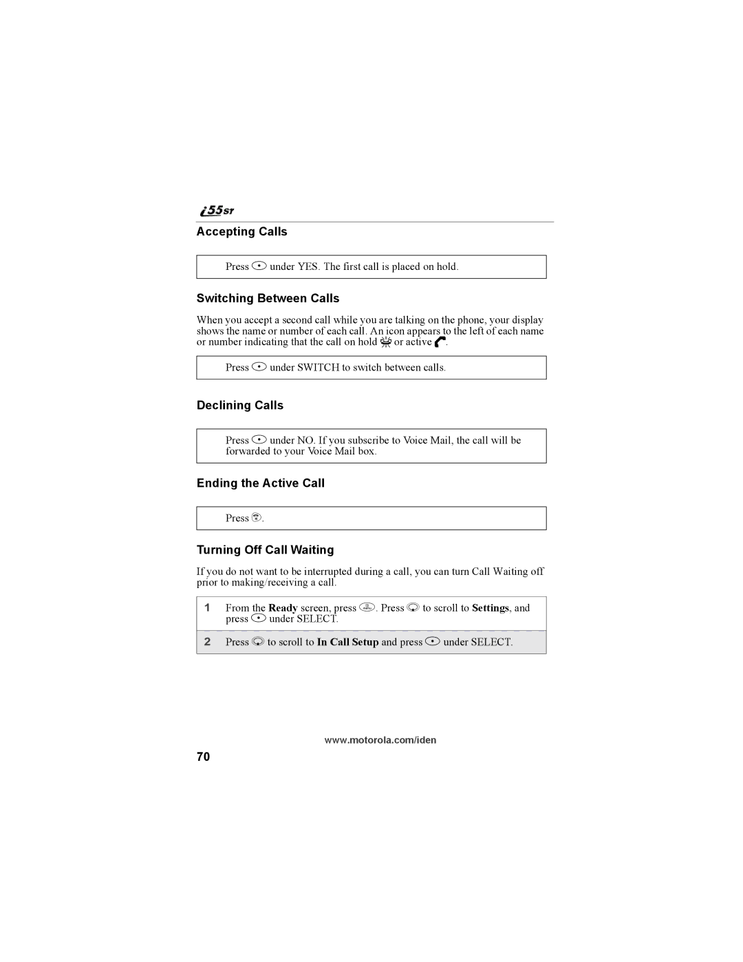 Motorola i55sr Phone manual Accepting Calls, Switching Between Calls, Declining Calls, Ending the Active Call 