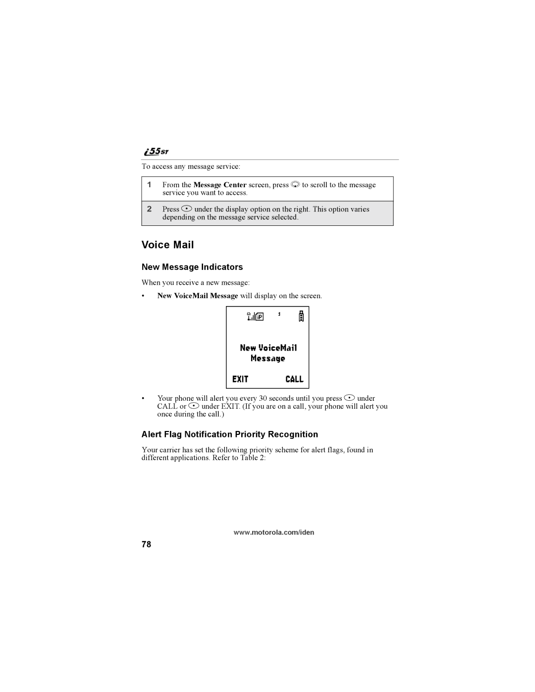 Motorola i55sr Phone manual Voice Mail, New Message Indicators, Alert Flag Notification Priority Recognition 