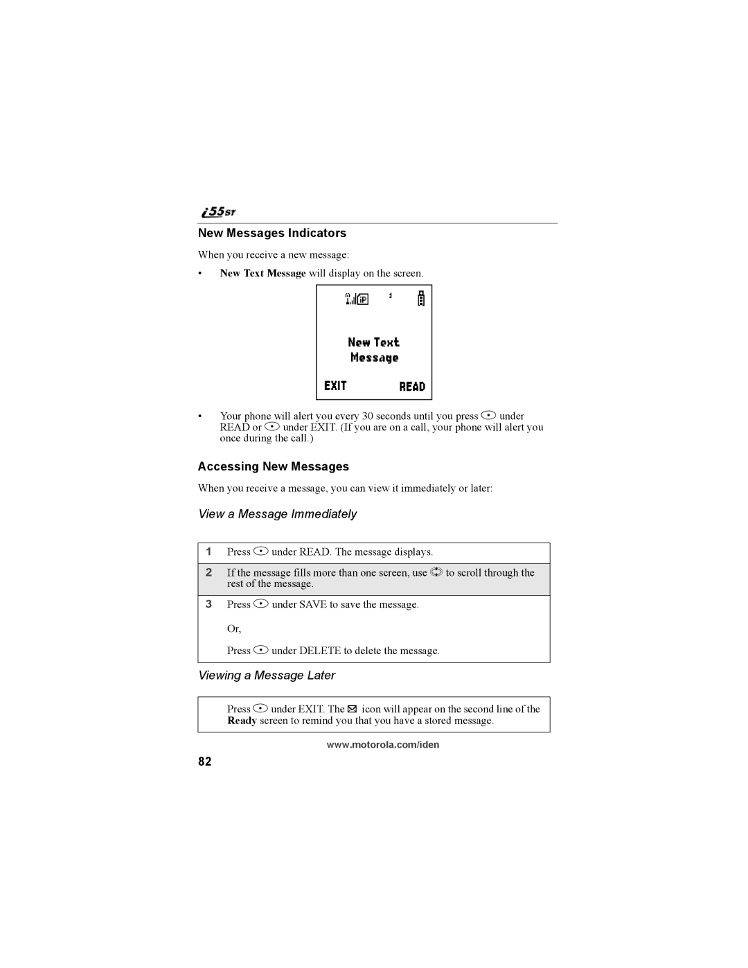 Motorola i55sr Phone New Messages Indicators, Accessing New Messages, View a Message Immediately, Viewing a Message Later 