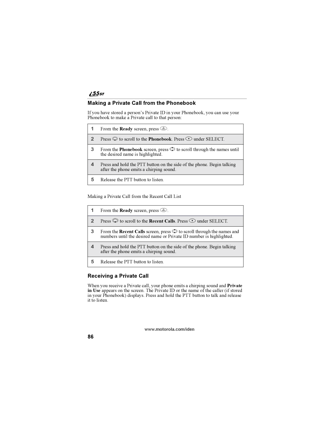 Motorola i55sr Phone manual Making a Private Call from the Phonebook, Receiving a Private Call 