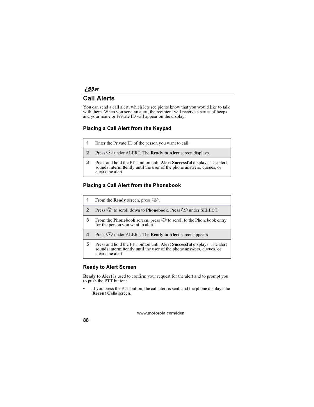 Motorola i55sr Phone manual Call Alerts, Placing a Call Alert from the Keypad, Placing a Call Alert from the Phonebook 