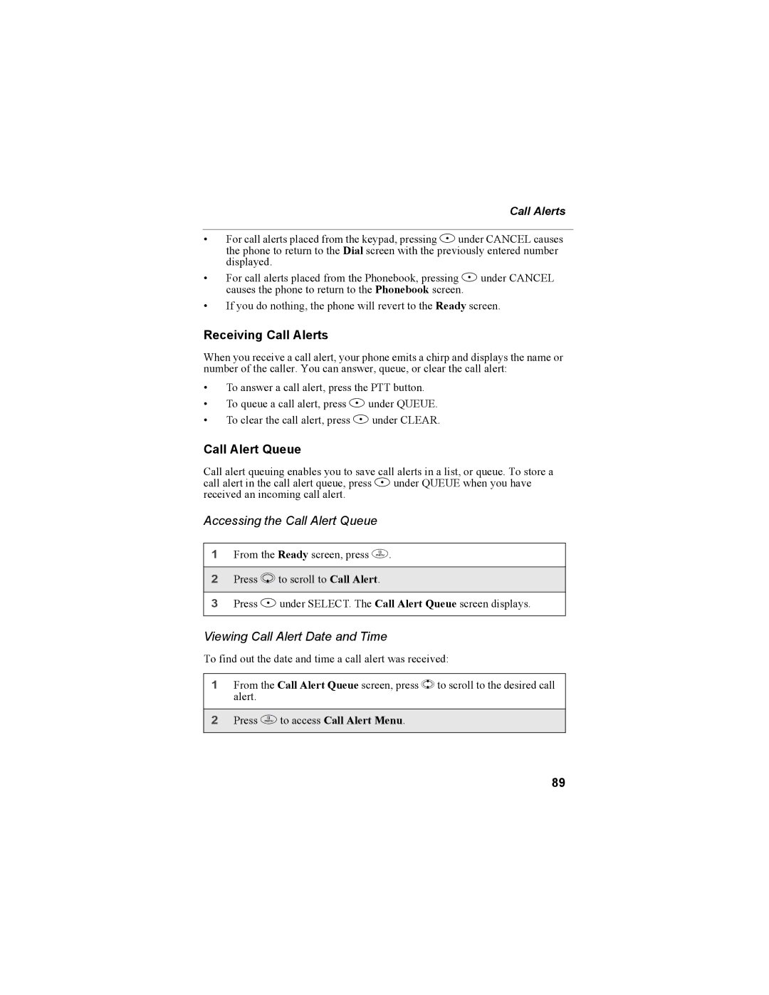 Motorola i55sr Phone manual Receiving Call Alerts, Accessing the Call Alert Queue, Viewing Call Alert Date and Time 