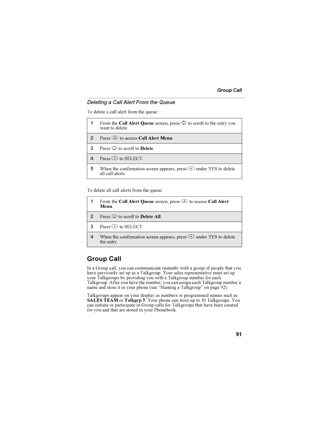 Motorola i55sr Phone manual Group Call, Deleting a Call Alert From the Queue 