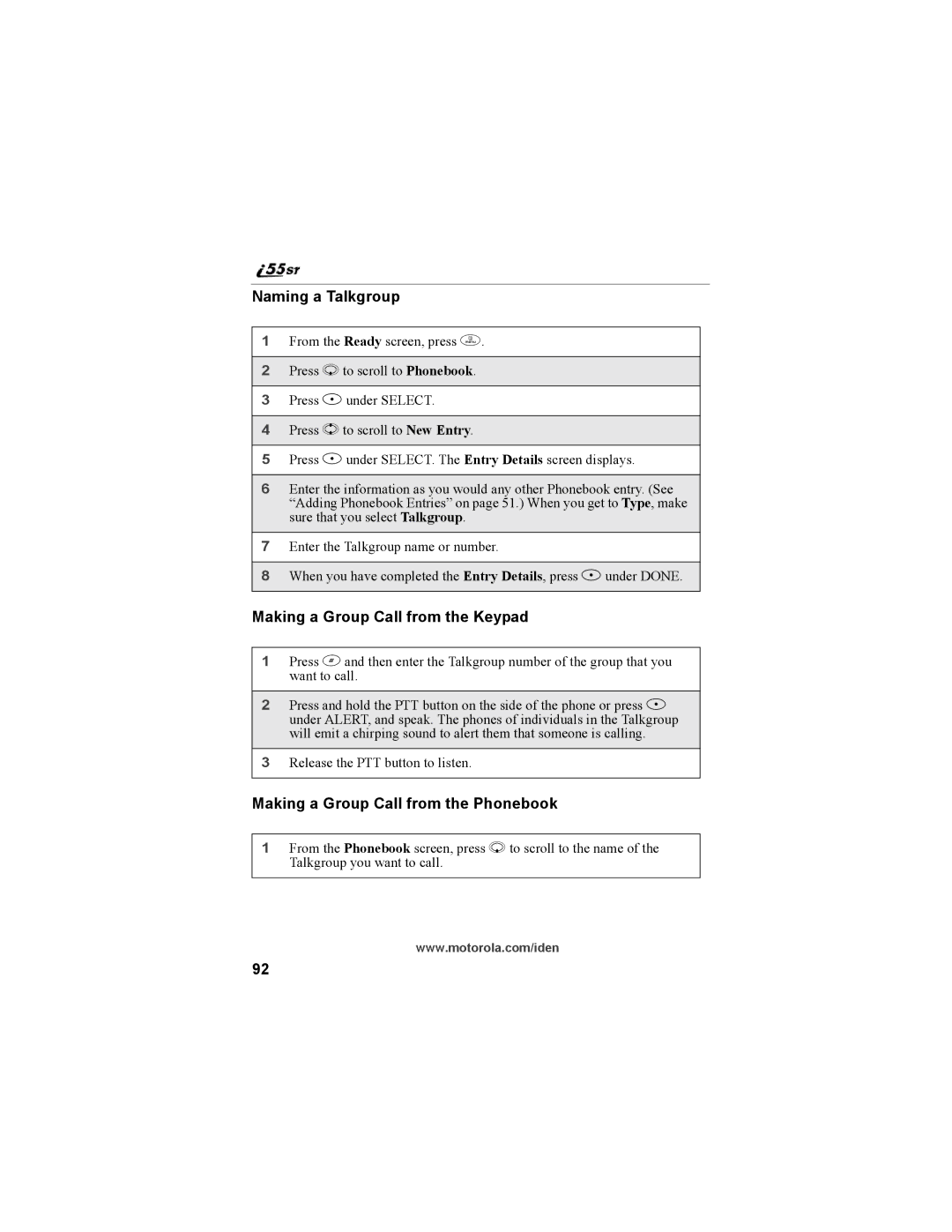 Motorola i55sr Phone manual Naming a Talkgroup, Making a Group Call from the Keypad, Making a Group Call from the Phonebook 