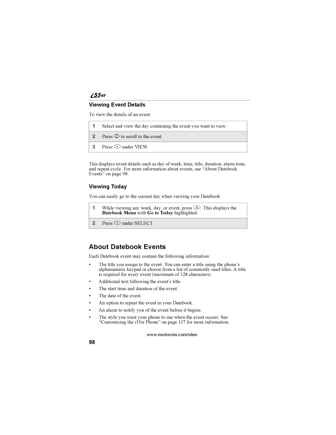 Motorola i55sr Phone manual About Datebook Events, Viewing Event Details, Viewing Today 