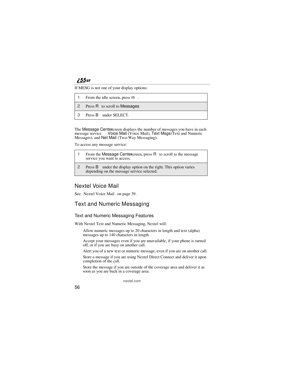 Motorola i55sr manual Nextel Voice Mail, Text and Numeric Messaging Features 