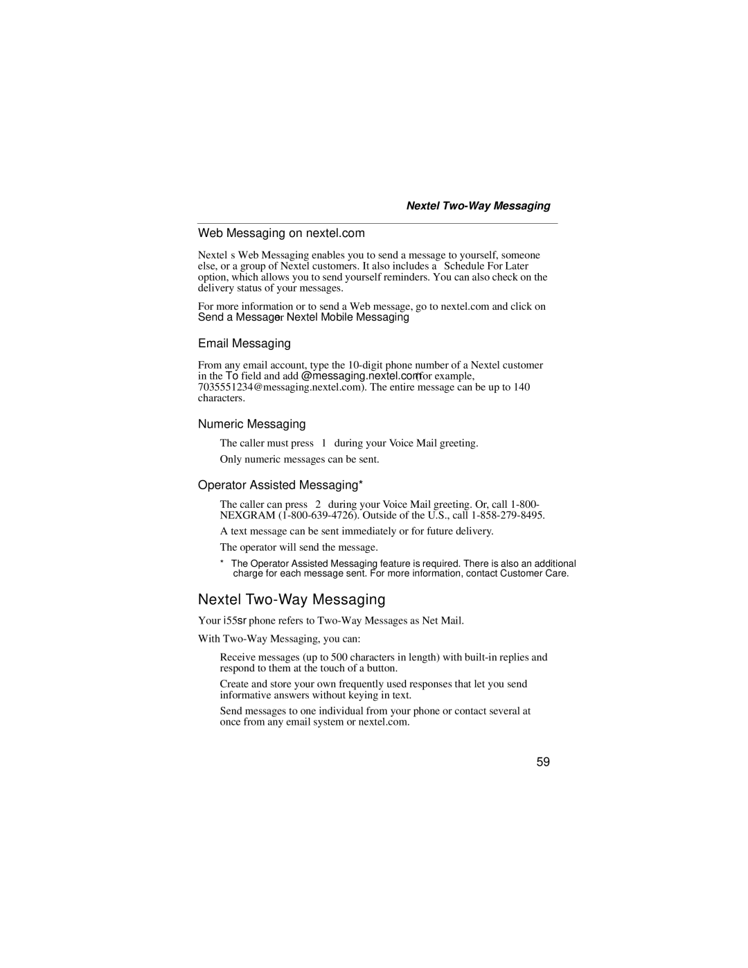 Motorola i55sr manual Nextel Two-Way Messaging, Web Messaging on nextel.com, Email Messaging Numeric Messaging 