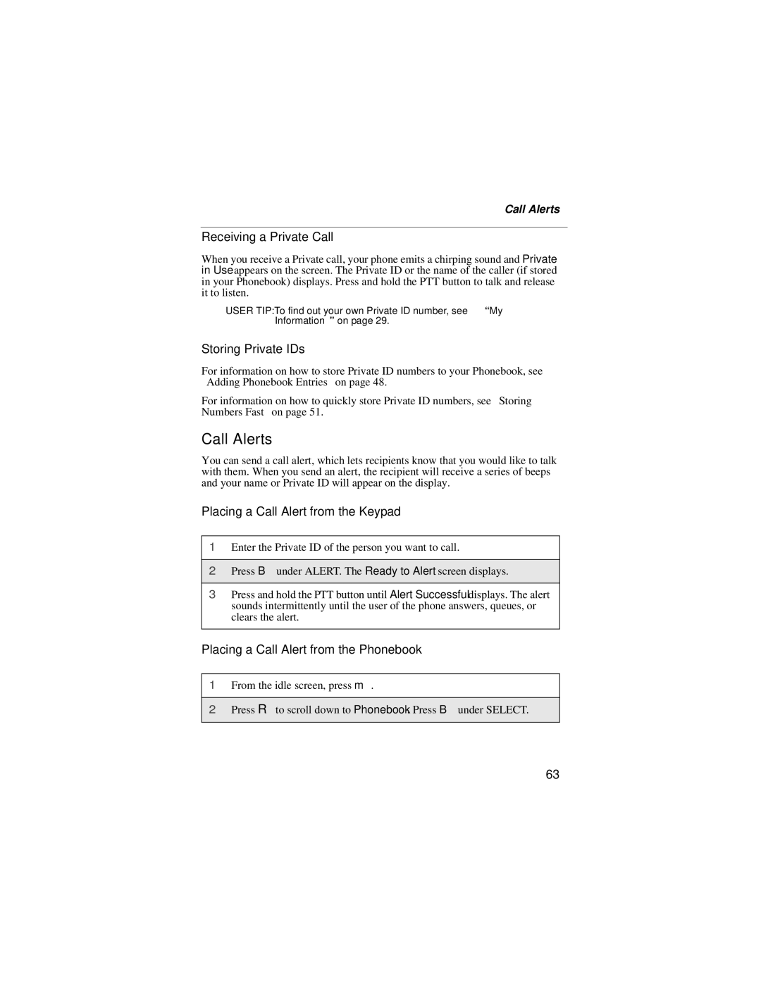 Motorola i55sr manual Call Alerts, Receiving a Private Call, Storing Private IDs, Placing a Call Alert from the Keypad 