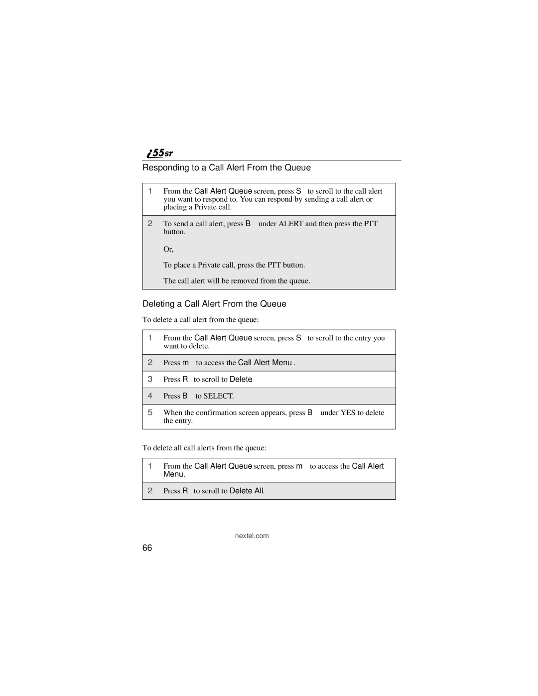 Motorola i55sr manual Responding to a Call Alert From the Queue, Deleting a Call Alert From the Queue 