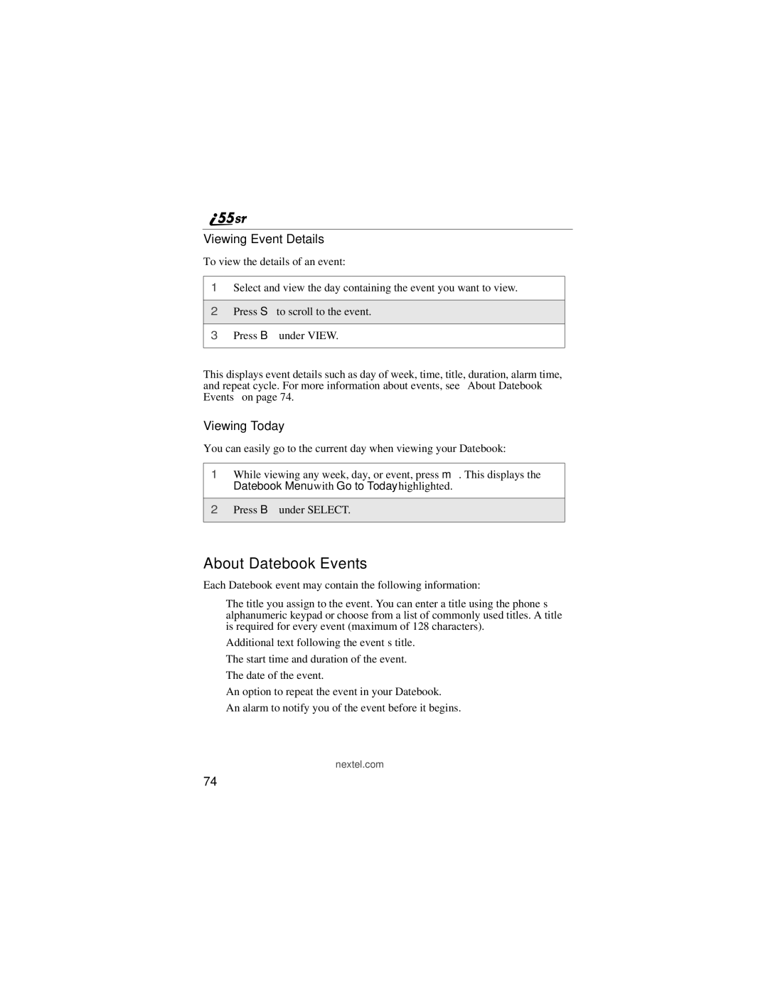 Motorola i55sr manual About Datebook Events, Viewing Event Details, Viewing Today 