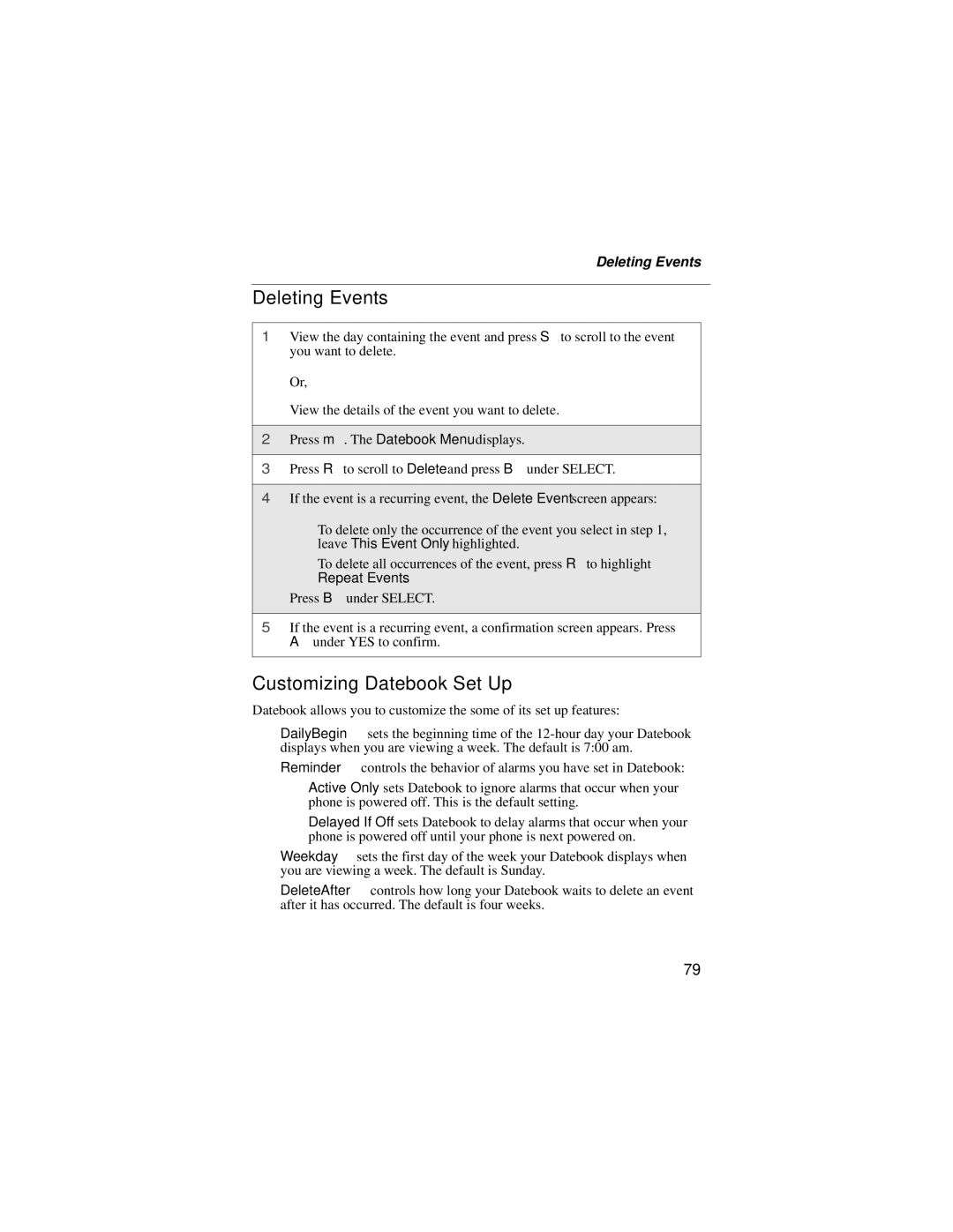 Motorola i55sr manual Deleting Events, Customizing Datebook Set Up 