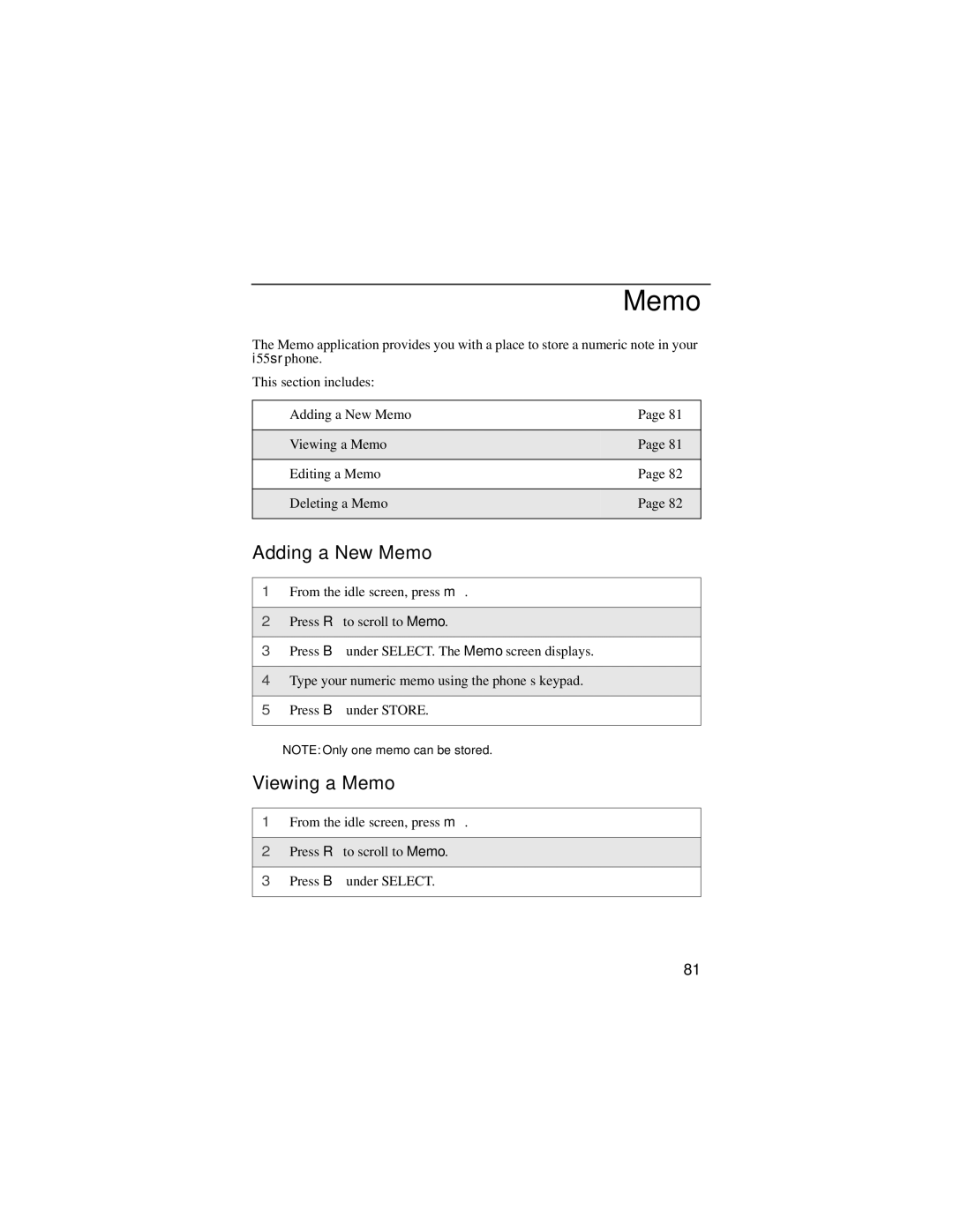 Motorola i55sr manual Adding a New Memo, Viewing a Memo 