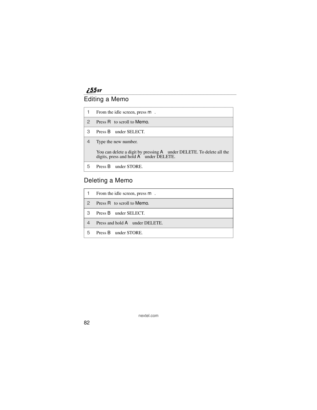 Motorola i55sr manual Editing a Memo, Deleting a Memo 