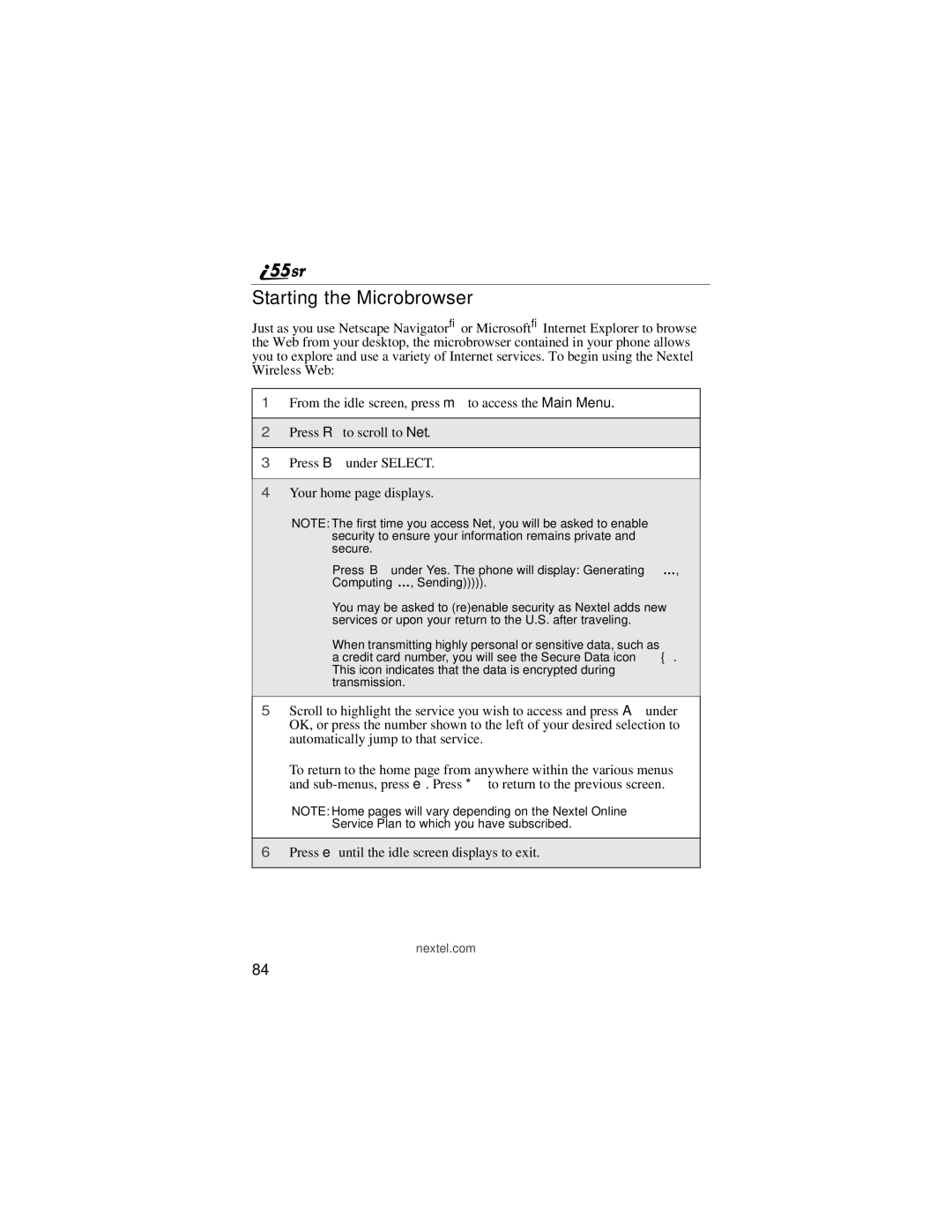 Motorola i55sr manual Starting the Microbrowser 