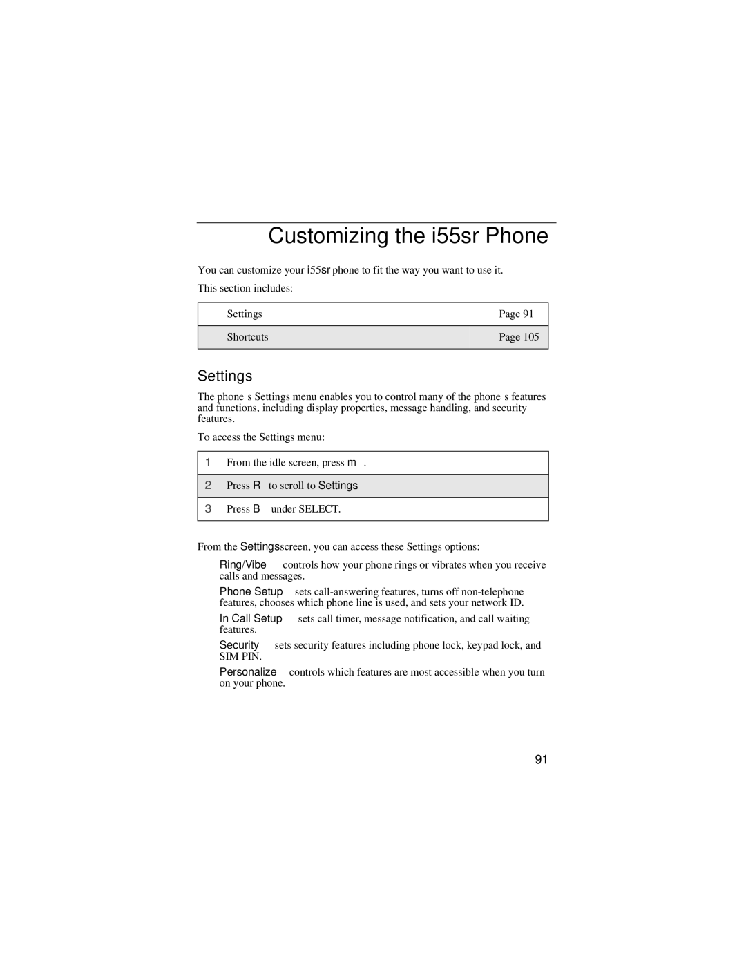 Motorola manual Customizing the i55sr Phone, Settings 