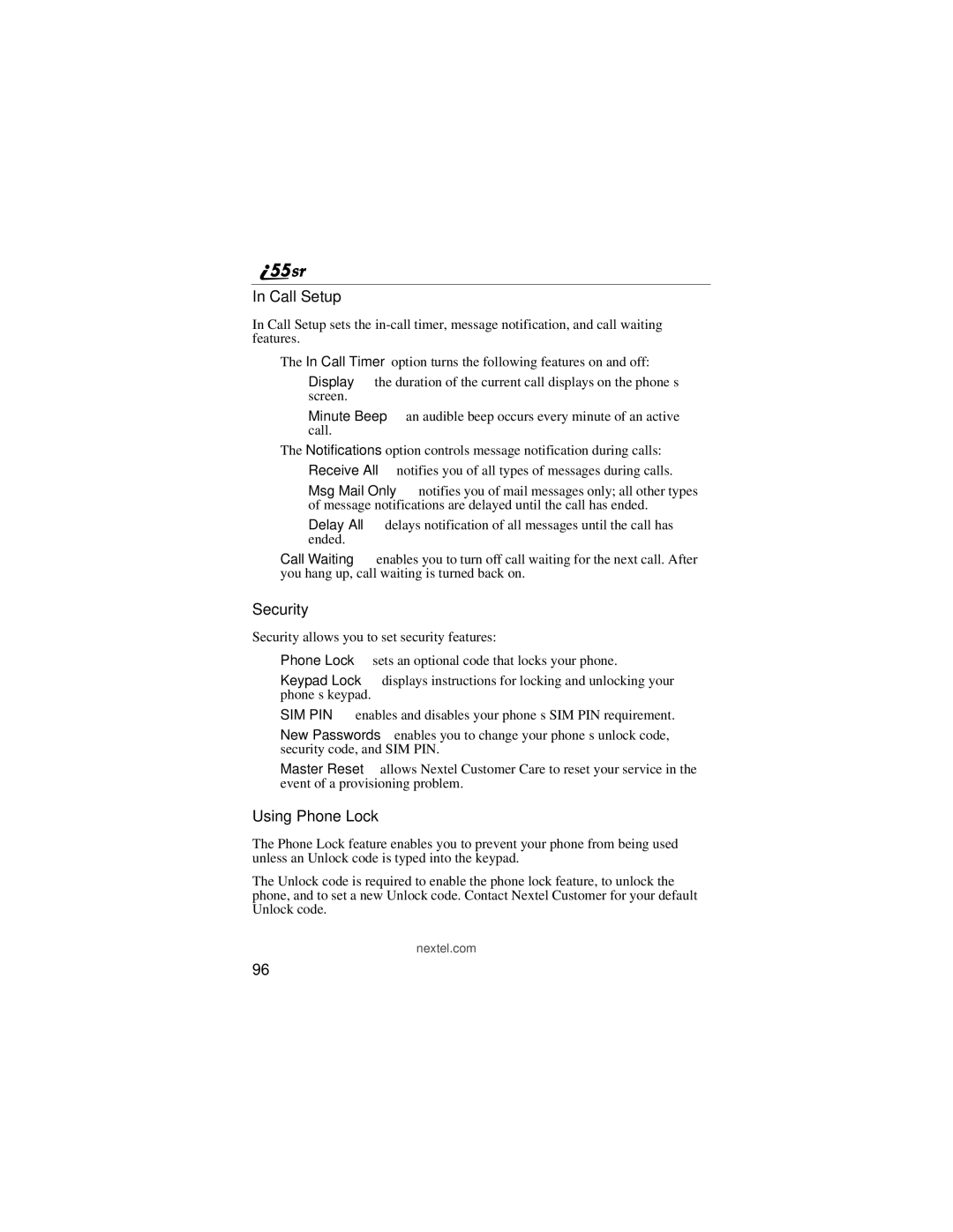 Motorola i55sr manual Call Setup, Security, Using Phone Lock 